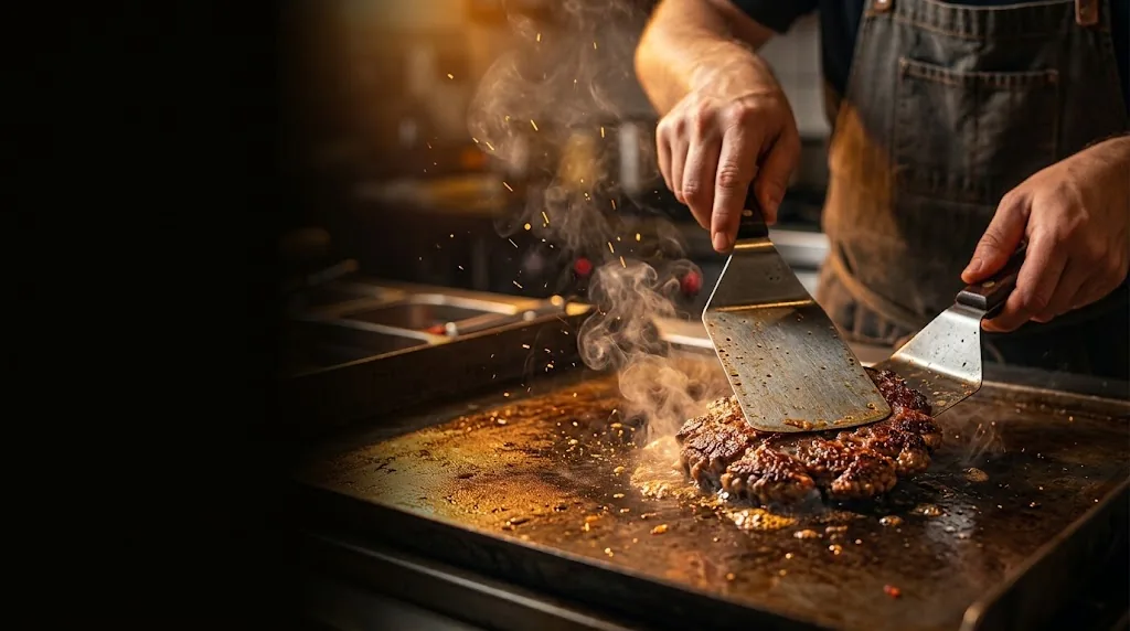 Chapeiro prensando uma carne smash na chapa quente, com fumaça e faíscas subindo.