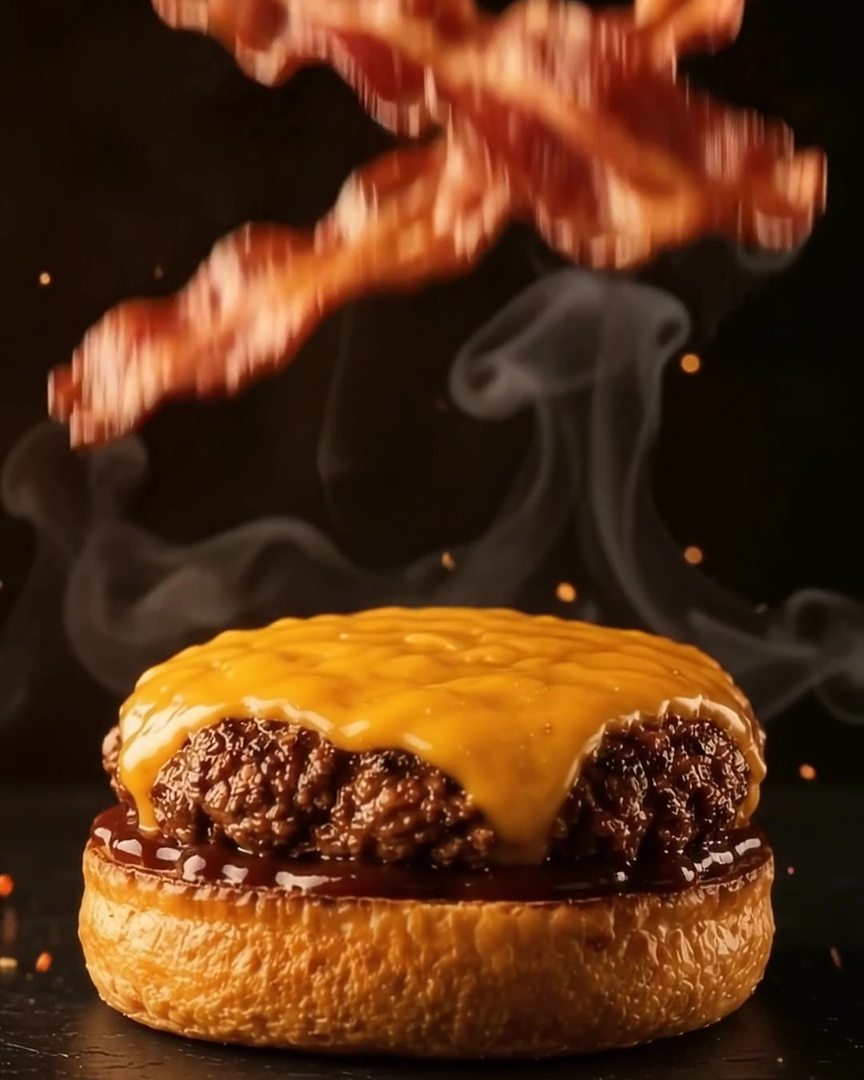 Tiras de bacon defumado caindo sobre a carne coberta de cheddar, na base do pão com barbecue.