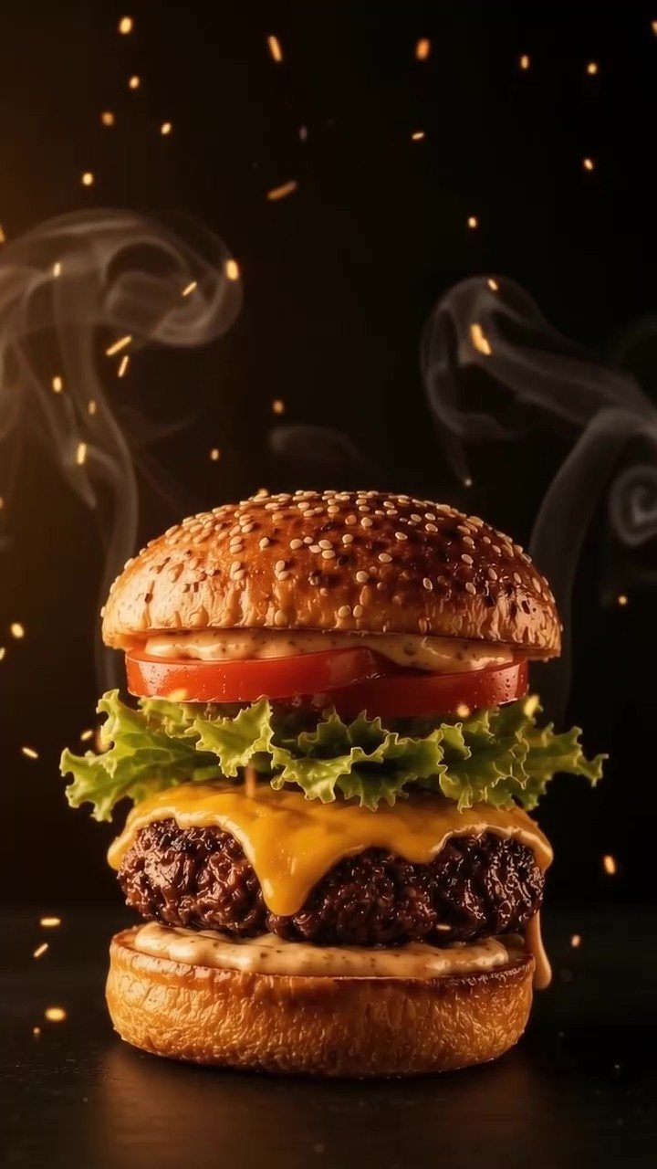 Boss Clássico montado: pão brioche com gergelim, tomate, alface, cheddar derretido sobre a carne e a base do pão com molho da casa.